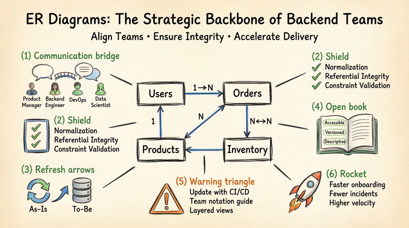 Hand-drawn infographic illustrating the strategic value of Entity-Relationship Diagrams for large-scale backend development teams, showing central ERD with Users, Orders, Products entities connected by relationship lines, surrounded by six key benefits: cross-team communication bridge for Product Managers, Backend Engineers, DevOps and Data Scientists; data integrity protection with normalization, referential integrity and constraint validation; schema migration planning with as-is to to-be comparisons; living documentation practices that are accessible, versioned and descriptive; common pitfalls mitigation including CI/CD integration and layered views; and improved team velocity with faster onboarding, fewer production incidents, and higher quality software delivery