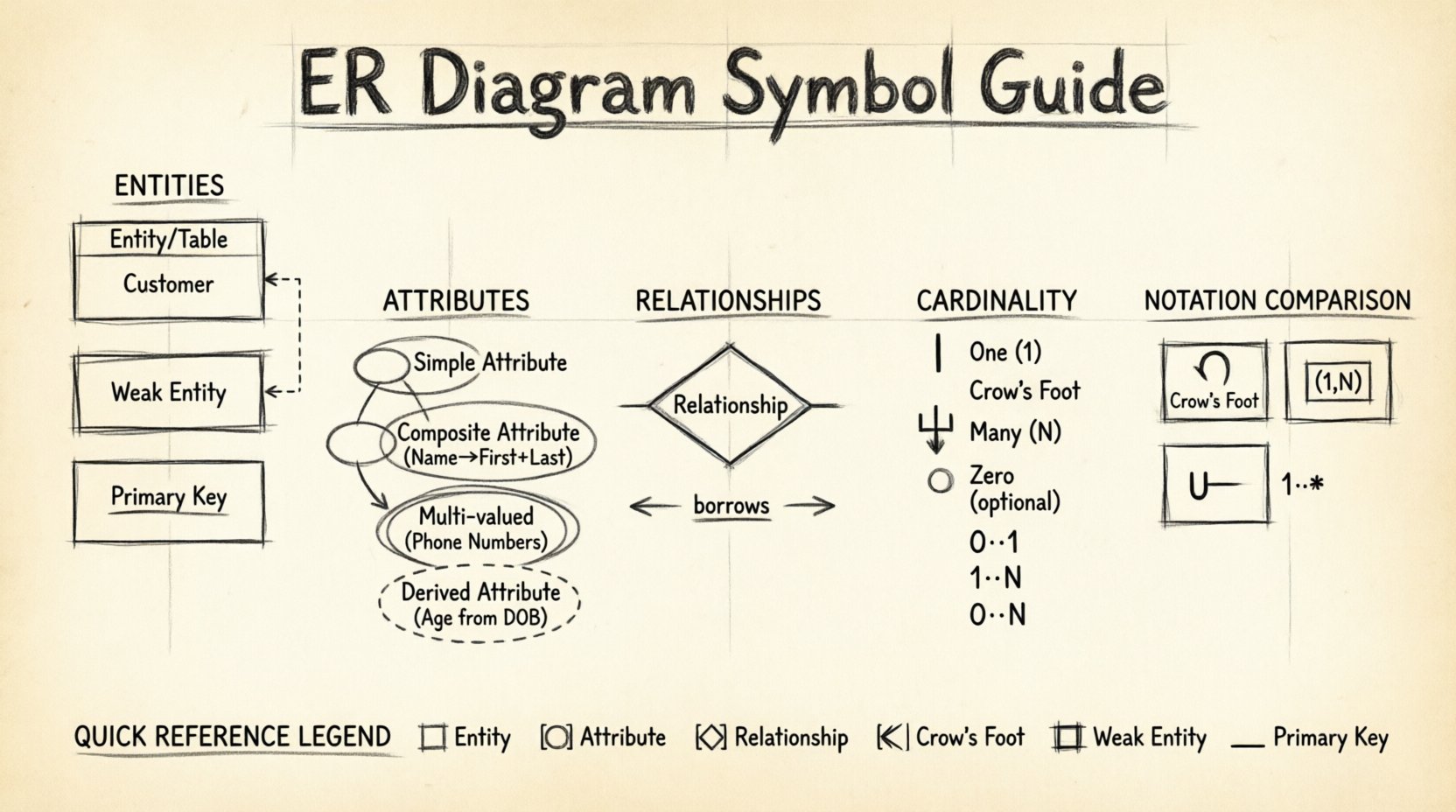 Hand-drawn sketch infographic illustrating Entity-Relationship diagram symbols including entities (rectangles), attributes (ovals), relationships (diamonds), and Crow's Foot cardinality notations for professional database design reference