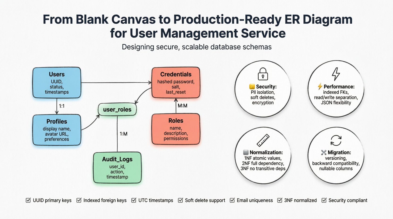 Infographic tutorial showing how to design a production-ready Entity Relationship Diagram (ERD) for a User Management Service, featuring five core entities (Users, Profiles, Credentials, Roles, Audit Logs) with relationship cardinalities, plus key principles for normalization, security compliance, performance optimization, and a validation checklist - flat design with pastel accents and rounded shapes