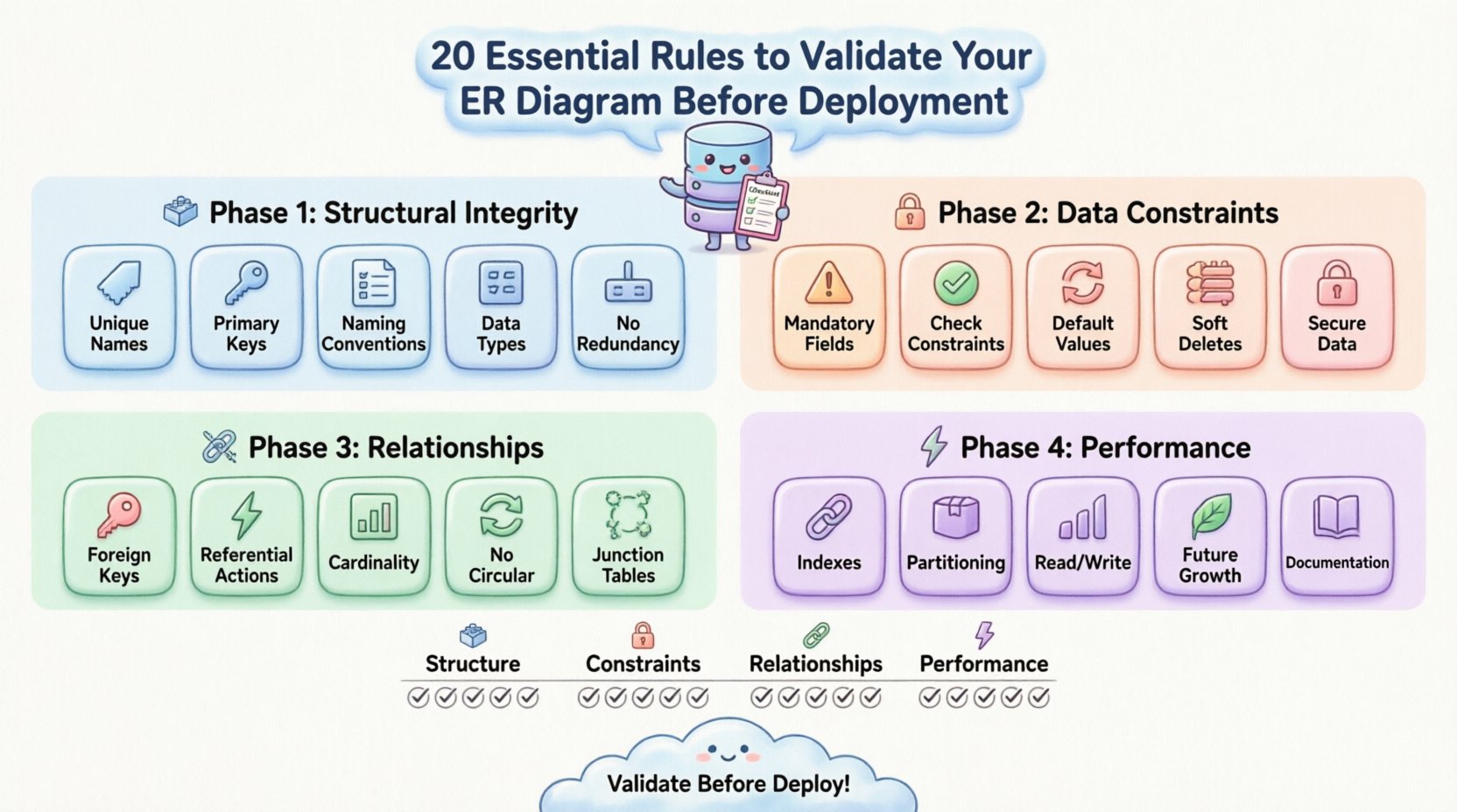 Kawaii-style infographic illustrating 20 essential rules to validate ER diagrams before deployment, organized into four pastel-colored phases: Structural Integrity (unique names, primary keys, naming conventions, data types, no redundancy), Data Constraints (mandatory fields, check constraints, defaults, soft deletes, secure data), Relationships (foreign keys, referential actions, cardinality, no circular dependencies, junction tables), and Performance (indexes, partitioning, read/write optimization, future growth, documentation), featuring cute vector icons, rounded shapes, and a validation summary checklist for database design best practices