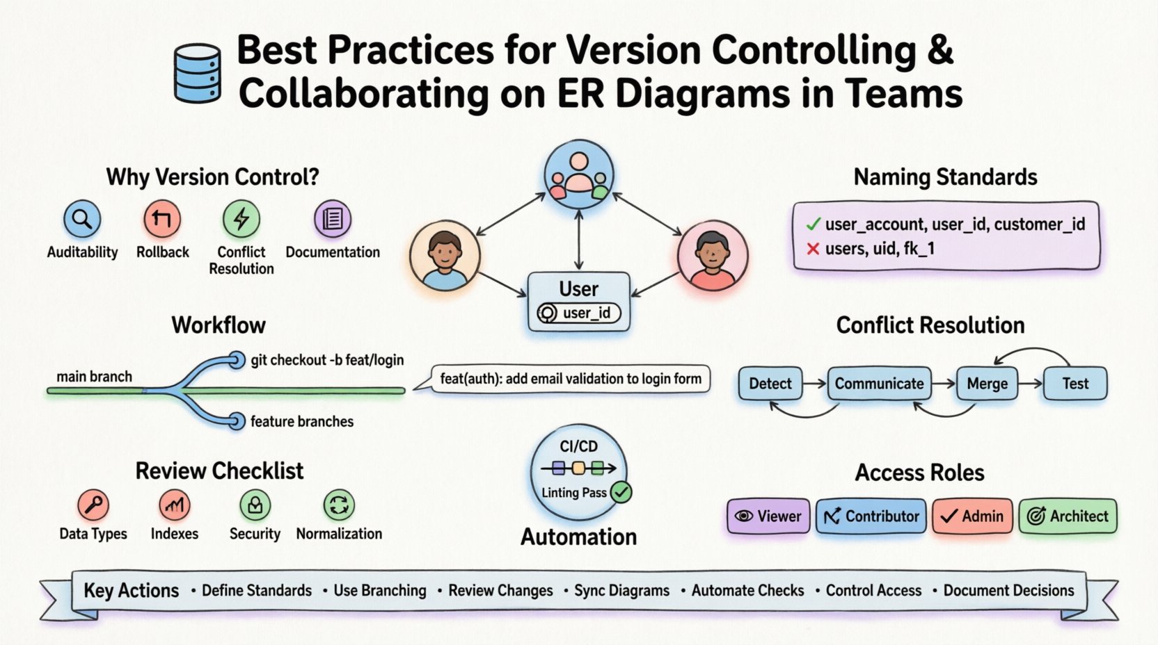 Infographic illustrating best practices for version controlling and collaborating on ER diagrams in teams, featuring version control benefits, standardized naming conventions, branching workflows, conflict resolution strategies, code review checklists, migration synchronization, automation with CI/CD, role-based access control, and seven key action items, designed in clean flat style with pastel accents and rounded shapes for educational use