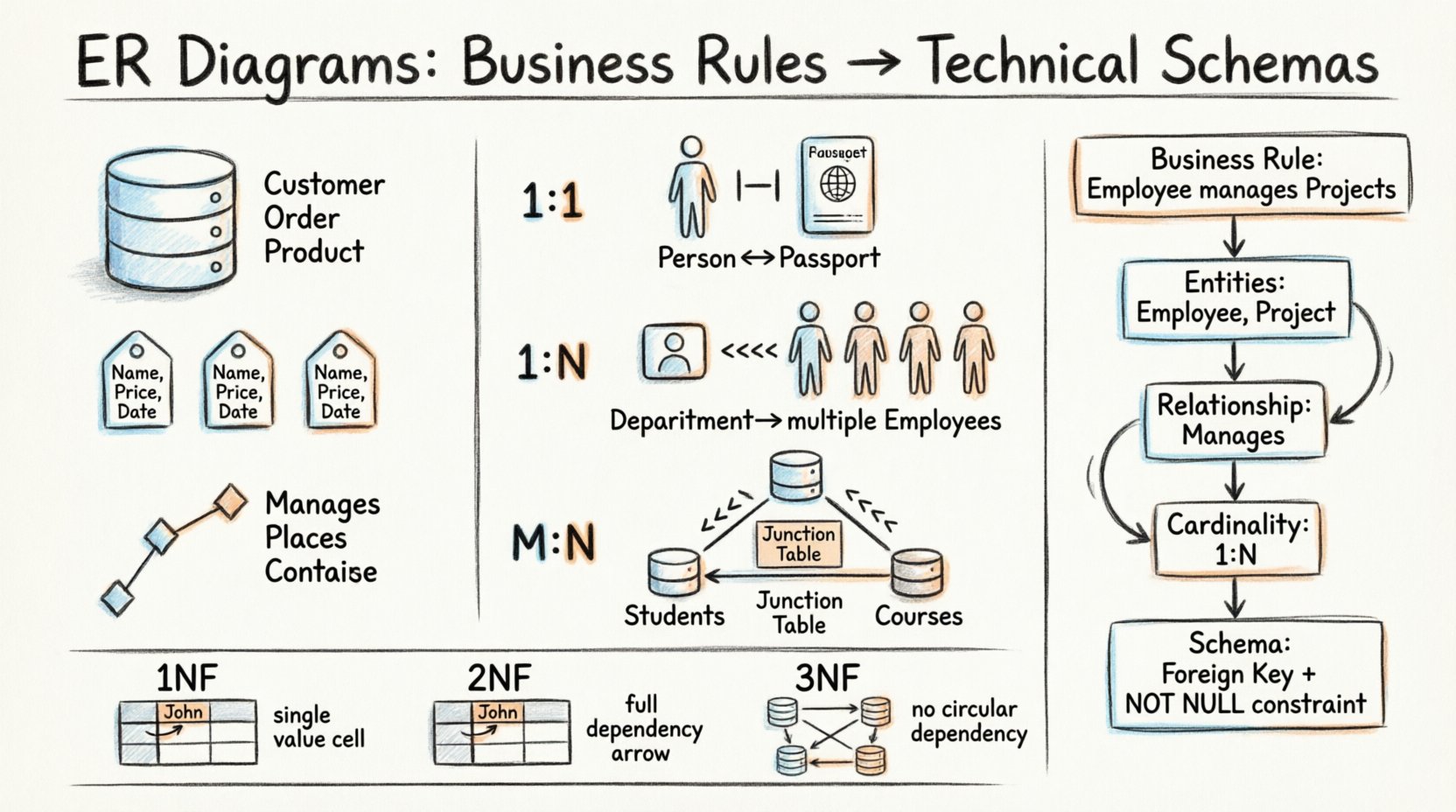 Hand-drawn infographic explaining Entity-Relationship Diagrams: visual guide to core components (entities, attributes, relationships), cardinality types (1:1, 1:N, M:N) with notation examples, business rule translation workflow from natural language to database schema, and normalization principles (1NF, 2NF, 3NF) - thick outline sketch style, educational data modeling reference