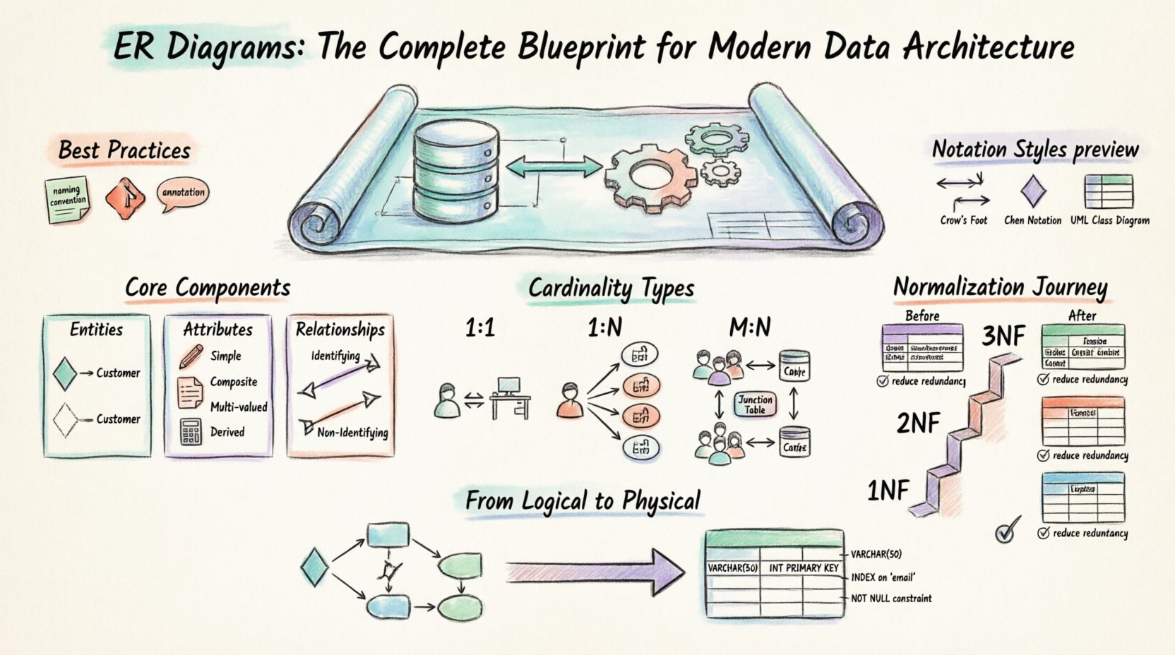 Hand-drawn educational infographic explaining Entity-Relationship Diagrams (ERD) for database design, featuring core components (entities, attributes, relationships), cardinality types (one-to-one, one-to-many, many-to-many), normalization principles (1NF, 2NF, 3NF), notation standards, and best practices for modern data architecture in a sketch-style visual blueprint format