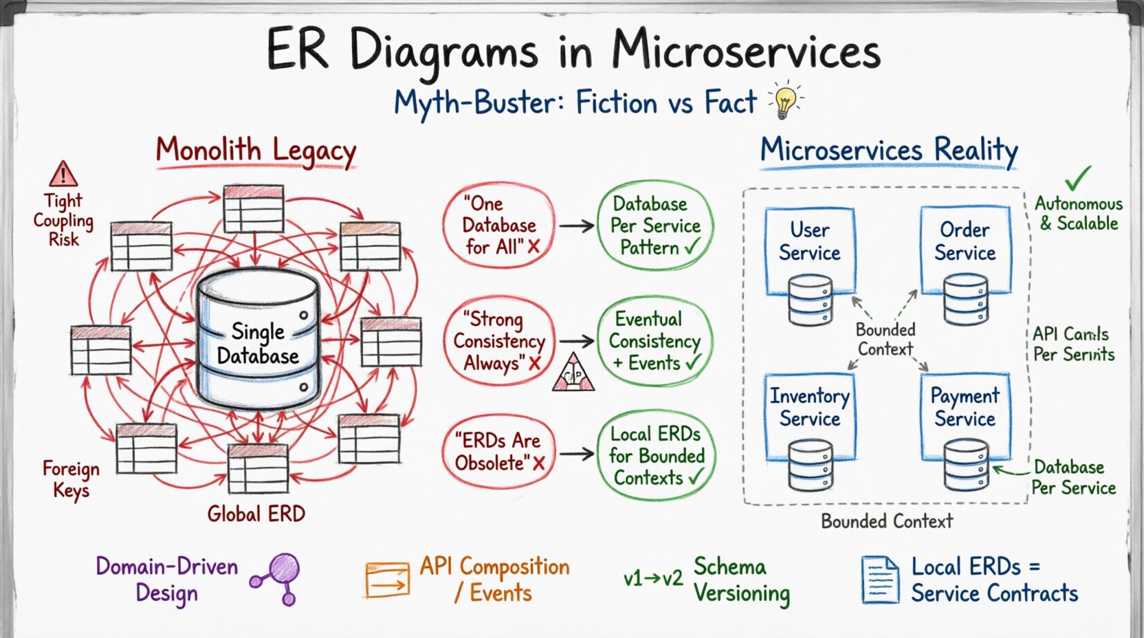 Hand-drawn whiteboard infographic comparing monolithic versus microservices data architecture, illustrating three busted myths about ER diagrams in distributed systems: the one-database fallacy, strong consistency requirements, and ERD obsolescence; shows best practices including database-per-service pattern, domain-driven design, eventual consistency, API composition, and local ERDs for bounded contexts with color-coded markers for concepts, warnings, and solutions