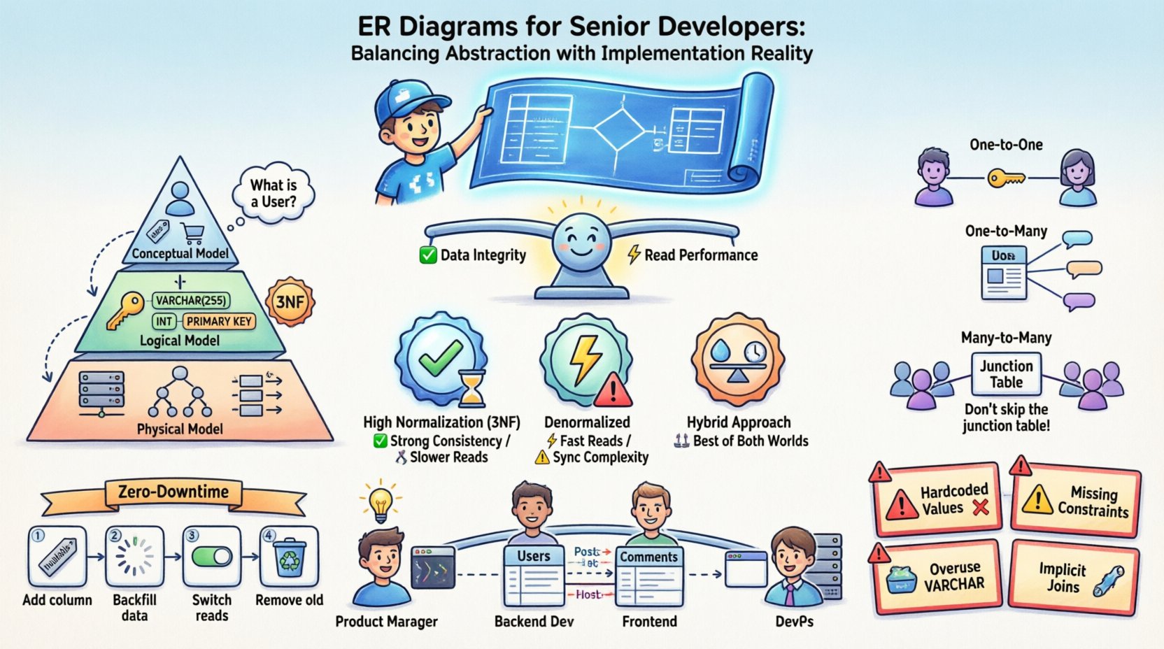 Cartoon infographic illustrating ER diagrams for senior developers: shows three abstraction layers (conceptual, logical, physical models), normalization vs performance trade-offs balance scale, relationship types (one-to-one, one-to-many, many-to-many with junction table), zero-downtime migration workflow, common production pitfalls warnings, and cross-team communication bridge - visual guide for balancing data modeling theory with implementation reality