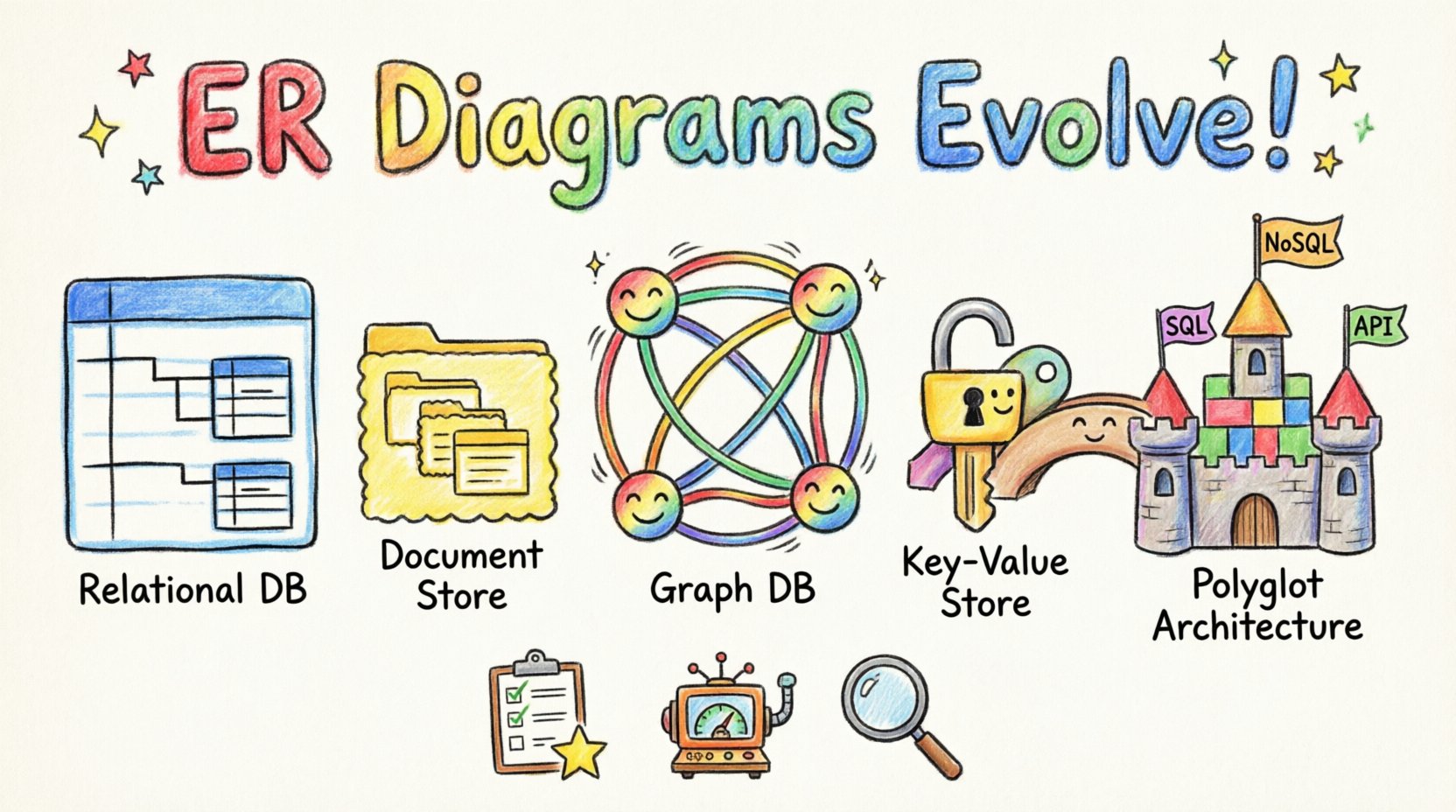 Child's drawing style infographic showing the evolution of Entity Relationship Diagrams from traditional relational databases to modern NoSQL and polyglot persistence architectures, featuring colorful illustrations of document stores, graph databases, key-value stores, and best practices for modern data modeling