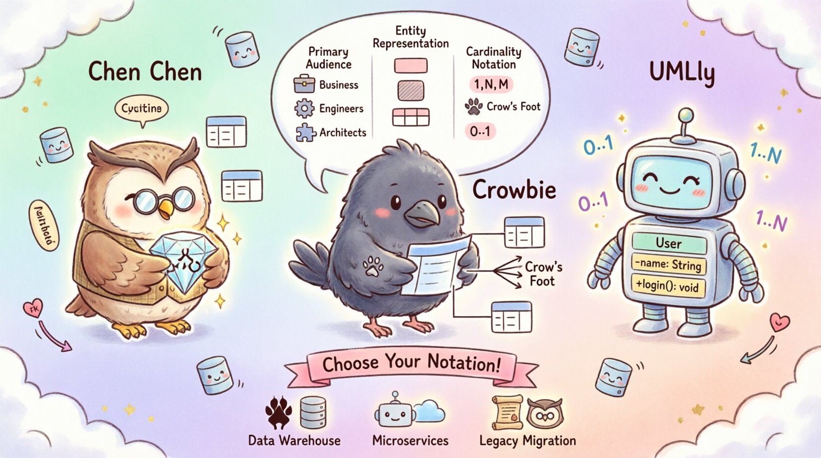 Kawaii-style infographic comparing Chen, Crow's Foot, and UML ER diagram notations with cute mascot characters, visual syntax elements, cardinality symbols, use cases, and selection guide for database design