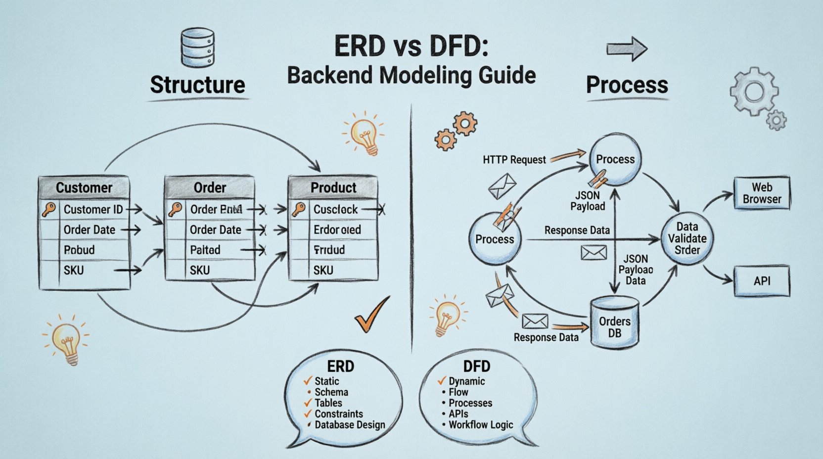 Hand-drawn sketch infographic comparing Entity-Relationship Diagrams (ERD) and Data Flow Diagrams (DFD) for backend development, showing ERD elements like entities, attributes, relationships and database tables on the left, DFD elements like processes, data flows, external entities and data stores on the right, with key differences highlighting ERD for static data structure and database design versus DFD for dynamic data movement and workflow logic, 16:9 aspect ratio