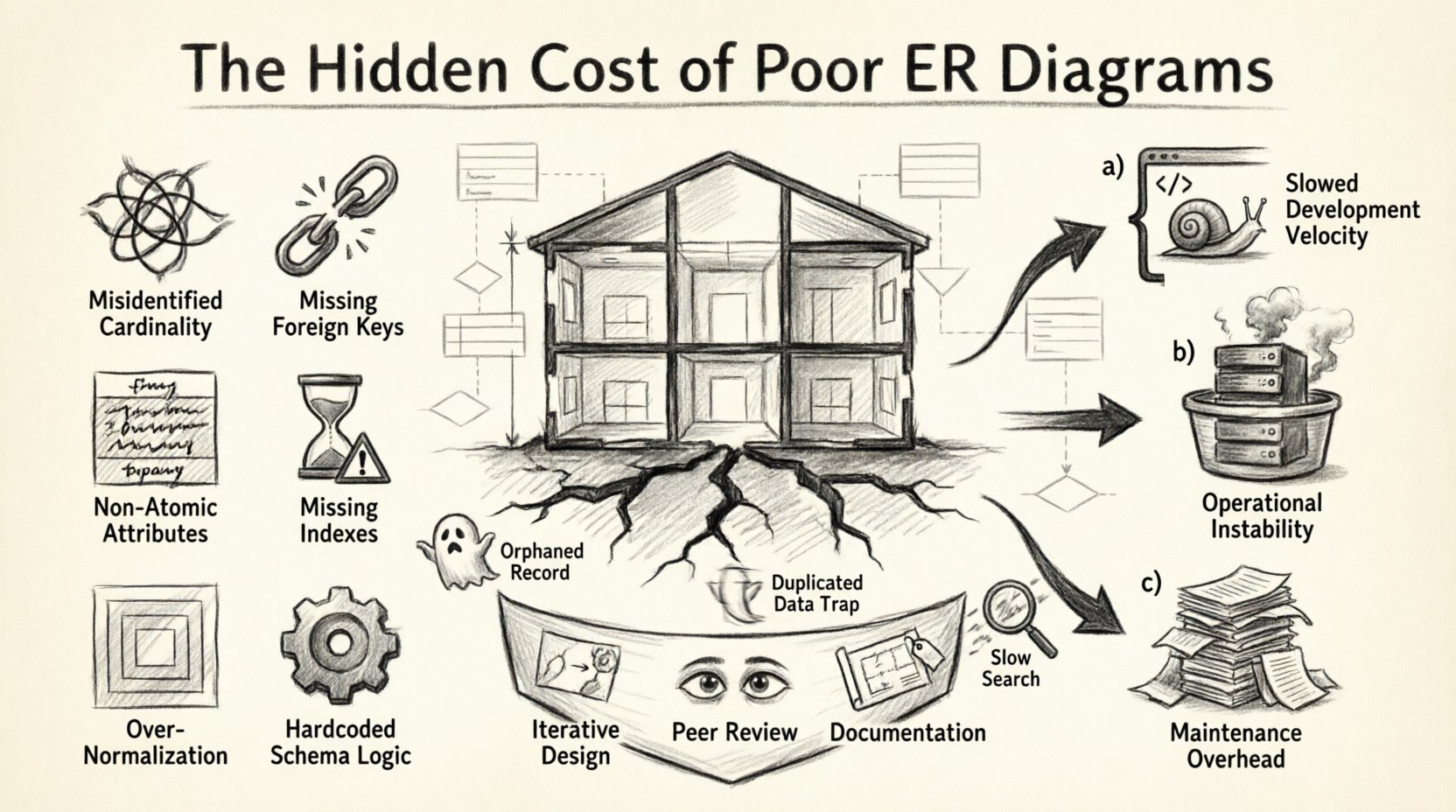Charcoal sketch infographic illustrating the hidden costs of poor Entity-Relationship Diagrams: central blueprint metaphor shows cracked foundation representing flawed database schema; left panel displays six common modeling errors (misidentified cardinality, missing foreign keys, non-atomic columns, missing indexes, over-normalization, hardcoded logic); right panel visualizes three technical debt costs (slowed development velocity, operational instability, increased maintenance overhead); bottom section presents prevention strategies (iterative design, peer review, documentation) as protective shield; includes three case study warnings (orphaned records, denormalization trap, indexing blind spot); hand-drawn contour style with architectural drafting aesthetic conveys database refactoring challenges and the value of proactive data modeling