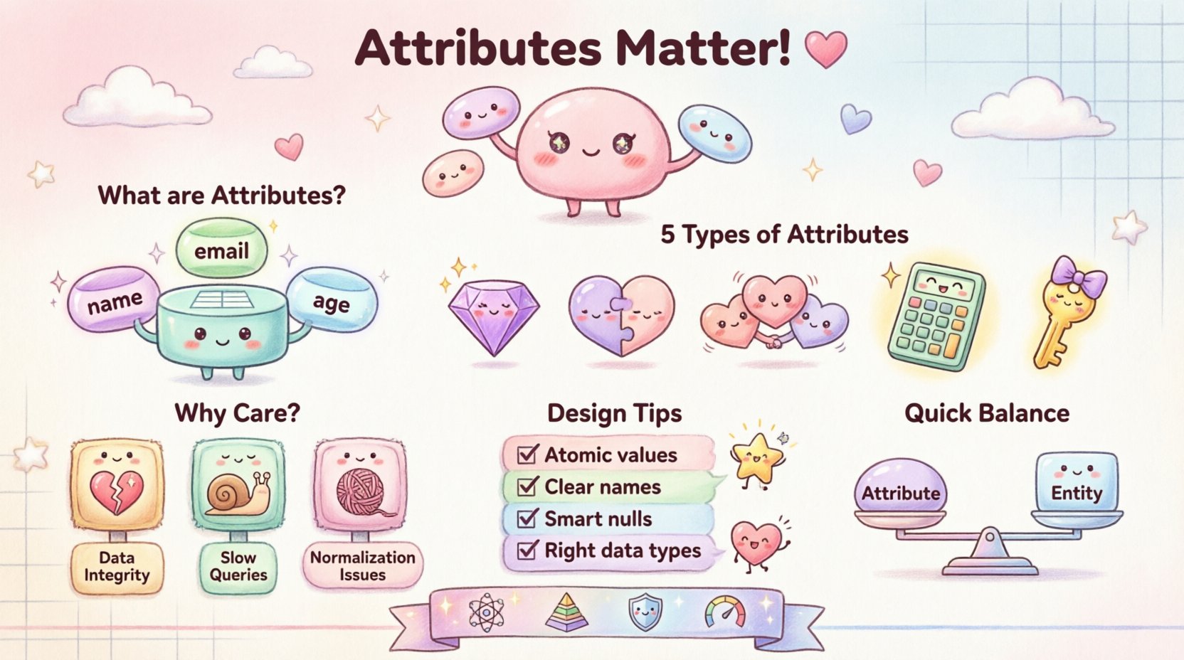 Cute kawaii-style infographic explaining the importance of attributes in ER diagrams, featuring pastel-colored entity characters, five attribute types (simple, composite, multi-valued, derived, key), design best practices checklist, and database modeling tips with rounded vector illustrations
