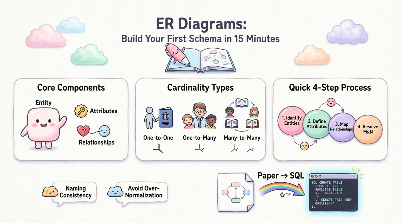 Cute kawaii-style infographic explaining Entity Relationship Diagram basics: shows core components (entities, attributes, relationships), cardinality types (1:1, 1:N, M:N), and 4-step manual schema building process using pastel vector illustrations with rounded shapes, perfect for beginners learning database design without tools