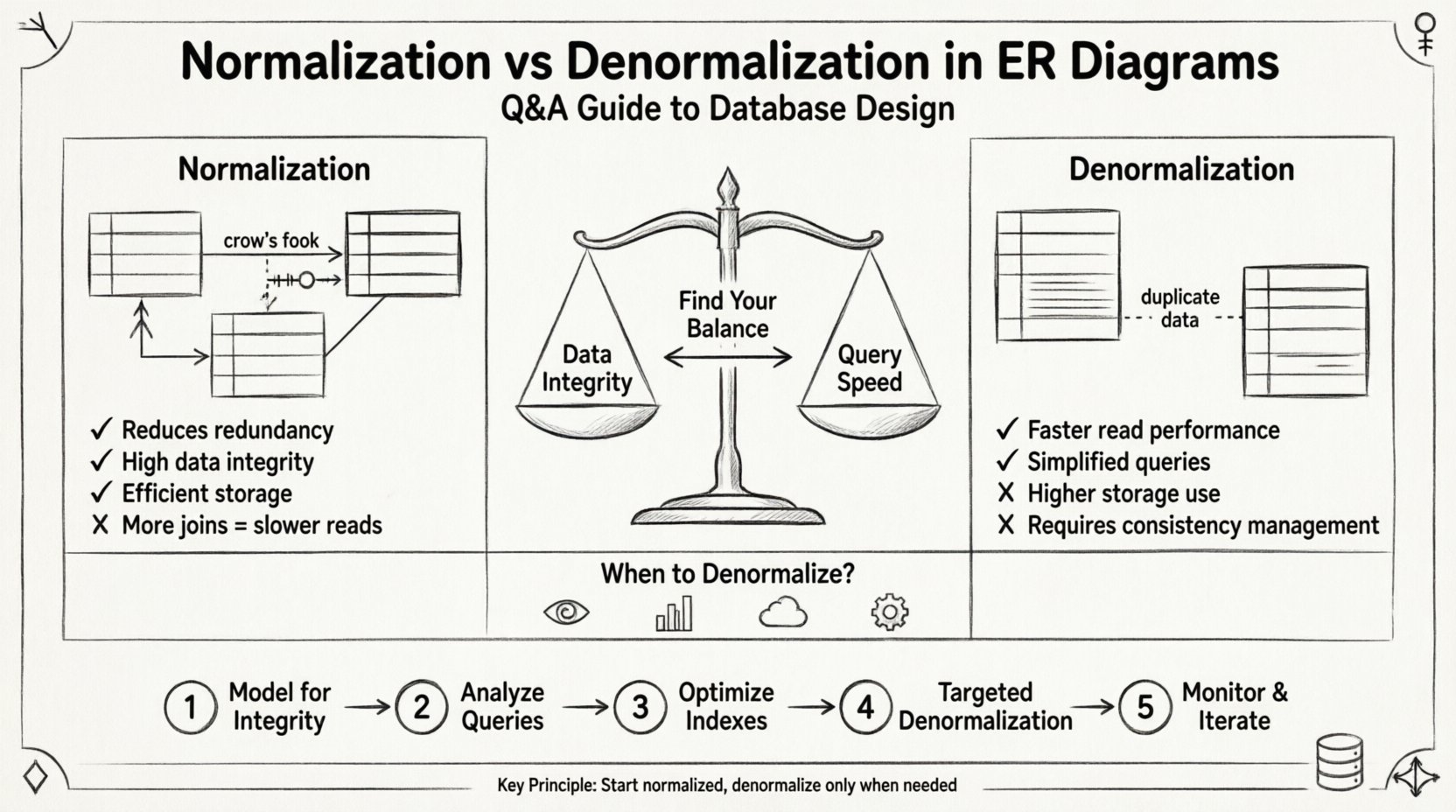Line art infographic comparing normalization and denormalization in ER diagrams, illustrating trade-offs between data integrity and query speed, featuring a balance scale visualization, use-case icons for denormalization scenarios, and a 5-step implementation workflow for database schema design