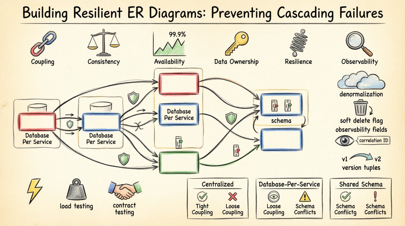 Hand-drawn infographic illustrating strategies for building resilient ER diagrams in distributed systems, featuring entity relationships with circuit breaker symbols, color-coded consistency model zones (strong/eventual/read-your-writes), service isolation boundaries, and key patterns including denormalization, soft deletes, observability fields, and schema versioning to prevent cascading failures