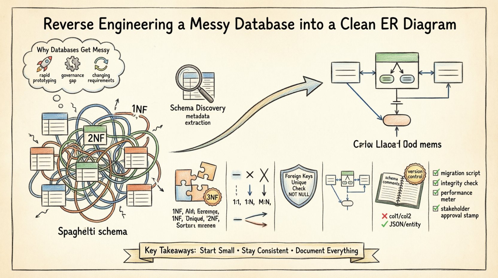 Hand-drawn infographic illustrating the 7-phase workflow for reverse engineering a messy database into a clean ER diagram: Schema Discovery with metadata extraction, Entity Identification applying 1NF/2NF/3NF normalization, Relationship Mapping with Crow's Foot notation for 1:1/1:N/M:N cardinality, Data Integrity constraints (foreign keys, unique, check, NOT NULL), ERD Visualization best practices, Documentation and version control strategies, and Validation testing steps. Visual transformation from chaotic 'spaghetti schema' to organized entity-relationship structure with anti-pattern warnings and key takeaways for database governance.