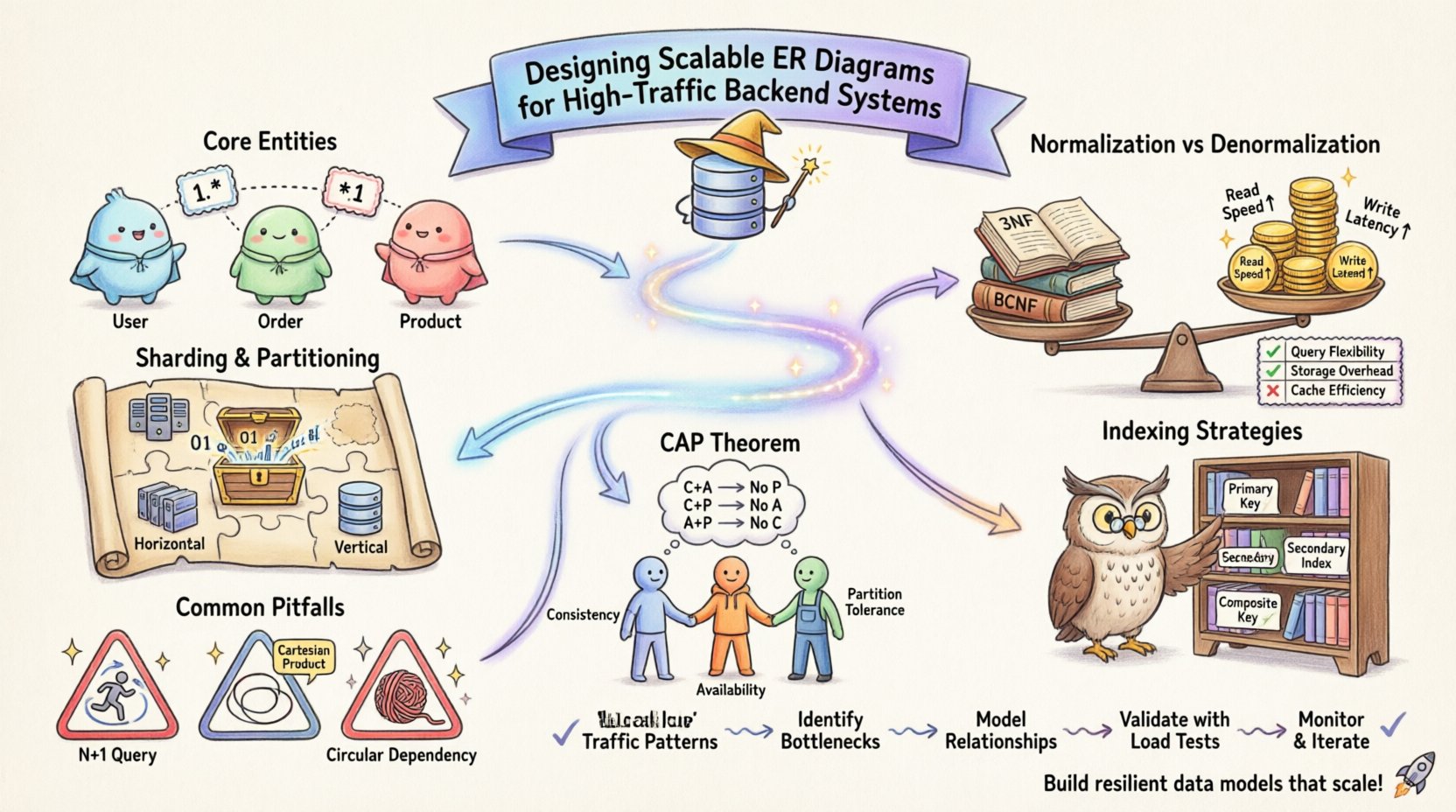 Whimsical infographic illustrating best practices for designing scalable Entity Relationship Diagrams (ERDs) for high-traffic backend systems, featuring playful visuals of core entities, normalization vs denormalization trade-offs, sharding strategies, indexing techniques, CAP theorem balance, common pitfalls like N+1 queries, and a 5-step scalable workflow roadmap for resilient database architecture
