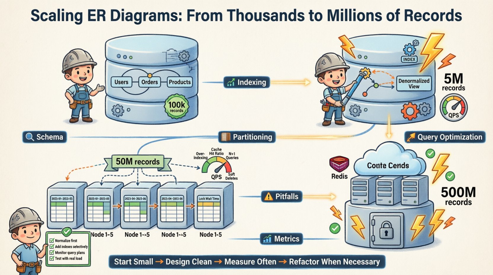 Cartoon infographic illustrating how to scale an Entity Relationship Diagram from thousands to millions of records, showing four phases: baseline normalized schema, schema refactoring with denormalization strategies, indexing techniques including composite and covering indexes, partitioning and sharding methods, query optimization tips, common pitfalls to avoid, and key performance metrics to monitor for database reliability and growth