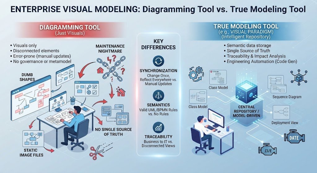 Diagram comparison showing diagramming tool versus true modeling architecture Enterprise Visual Modeling: The Critical Shift from Drawing Pictures to Building Systems with UML
