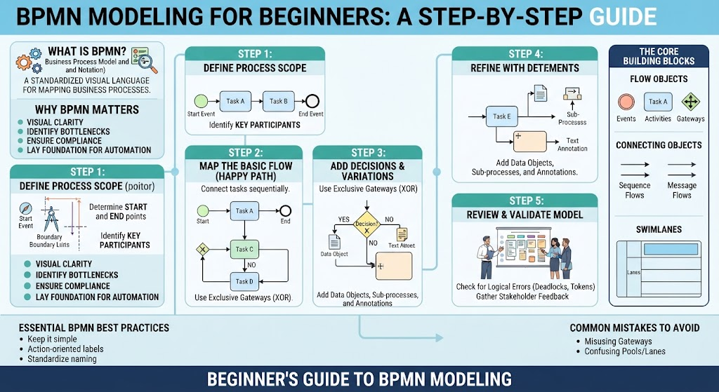 Step-by-step BPMN modeling guide infographic showing process mapping, gateways, and swimlanes for beginners.